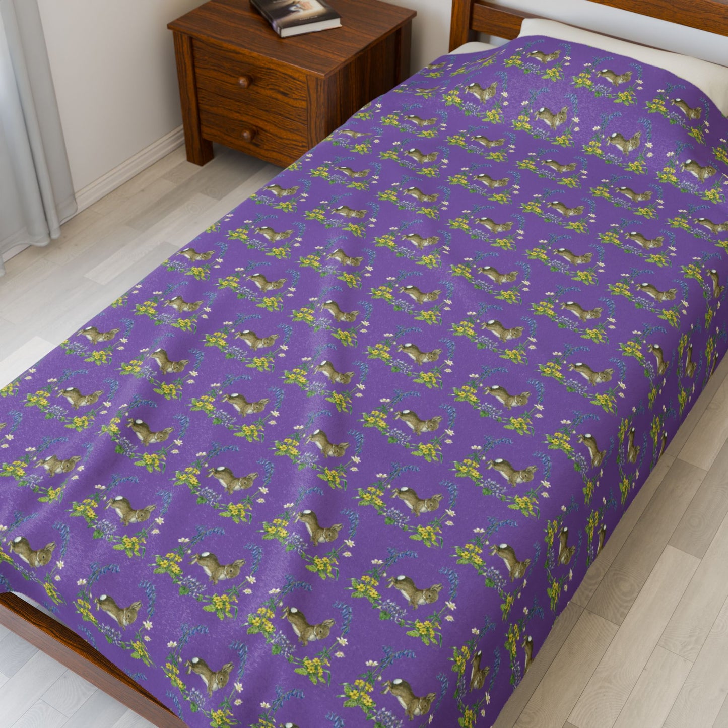 Bunnies and Bluebells Purple Plush Blanket