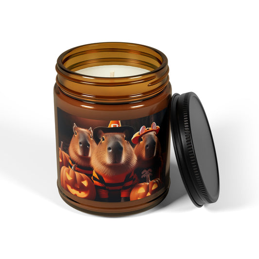 Scented Soy Candle in an Amber Jar, Halloween Fall Wizard Capybara with Pumpkins