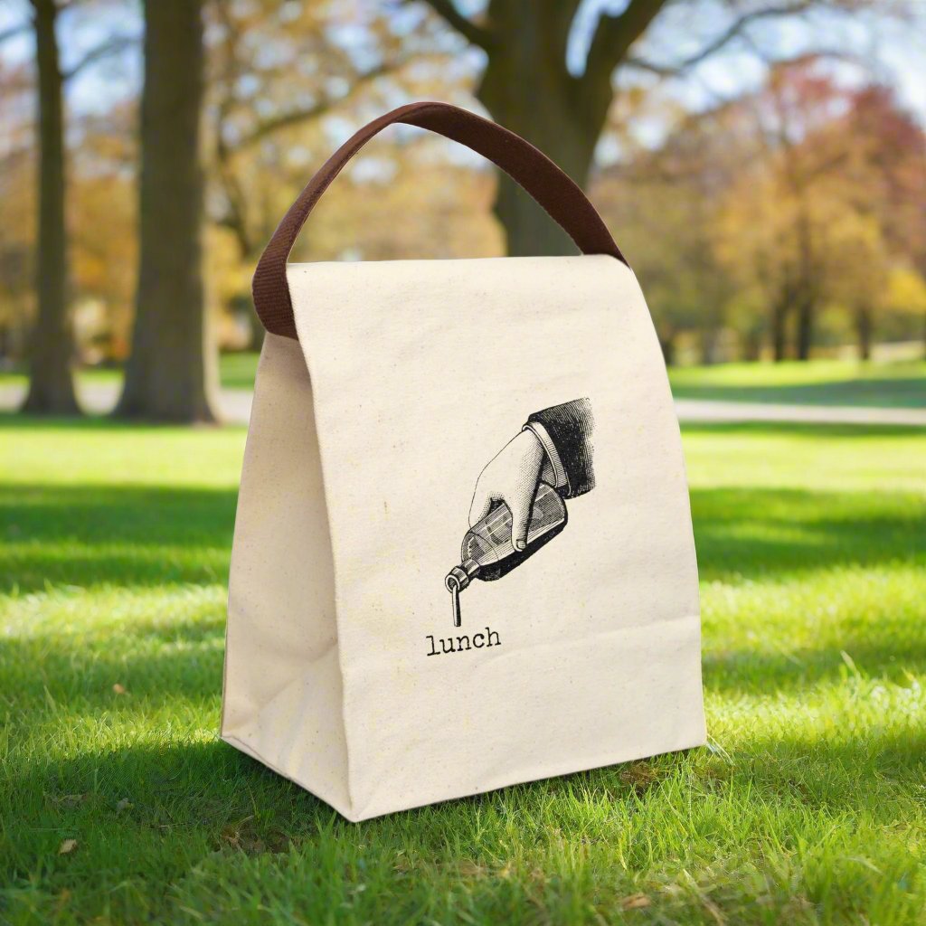hand drink bottle liquid lunch Victorian illustration quote word play funny humor joke gift present lunch bag canvas cotton reusable eco-friendly meal eat food dinner breakfast hungry kitchen cook work school cafeteria midday co-worker carry out take-away on-the-go 