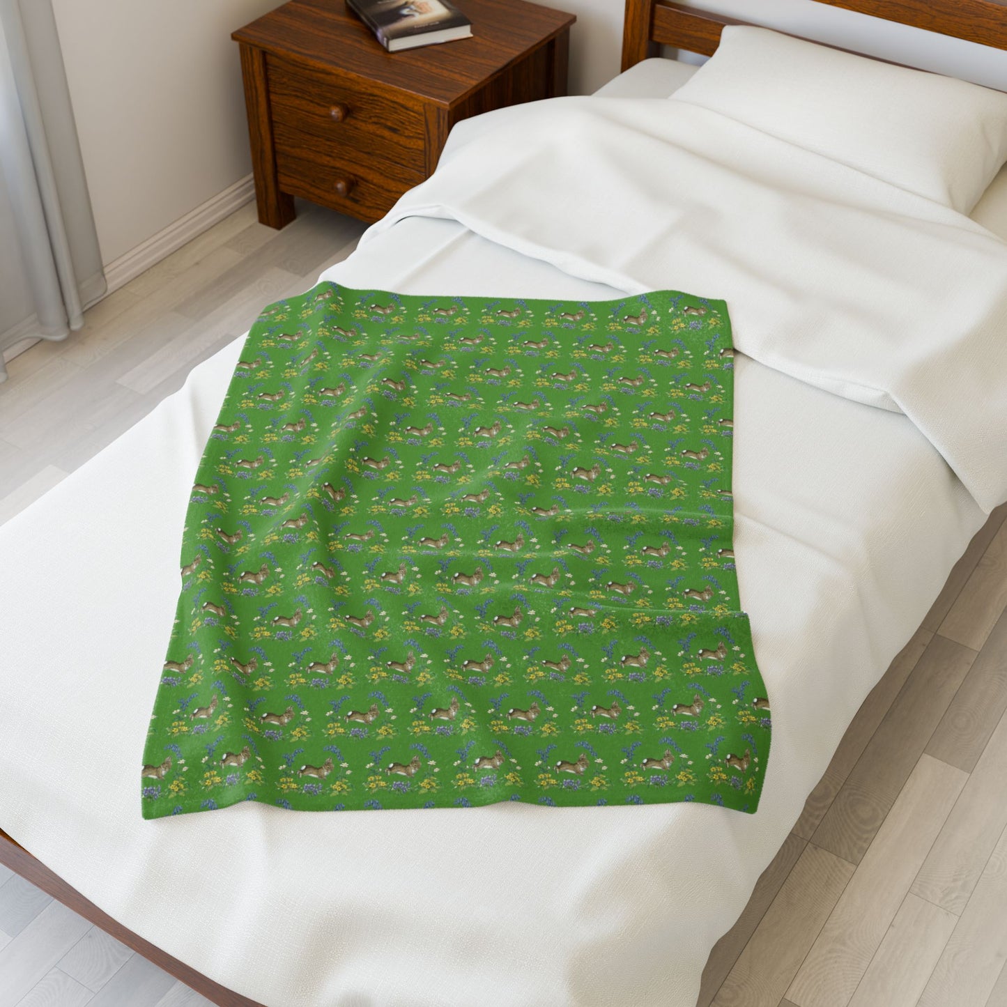 Bunnies and Bluebells Green Plush Blanket