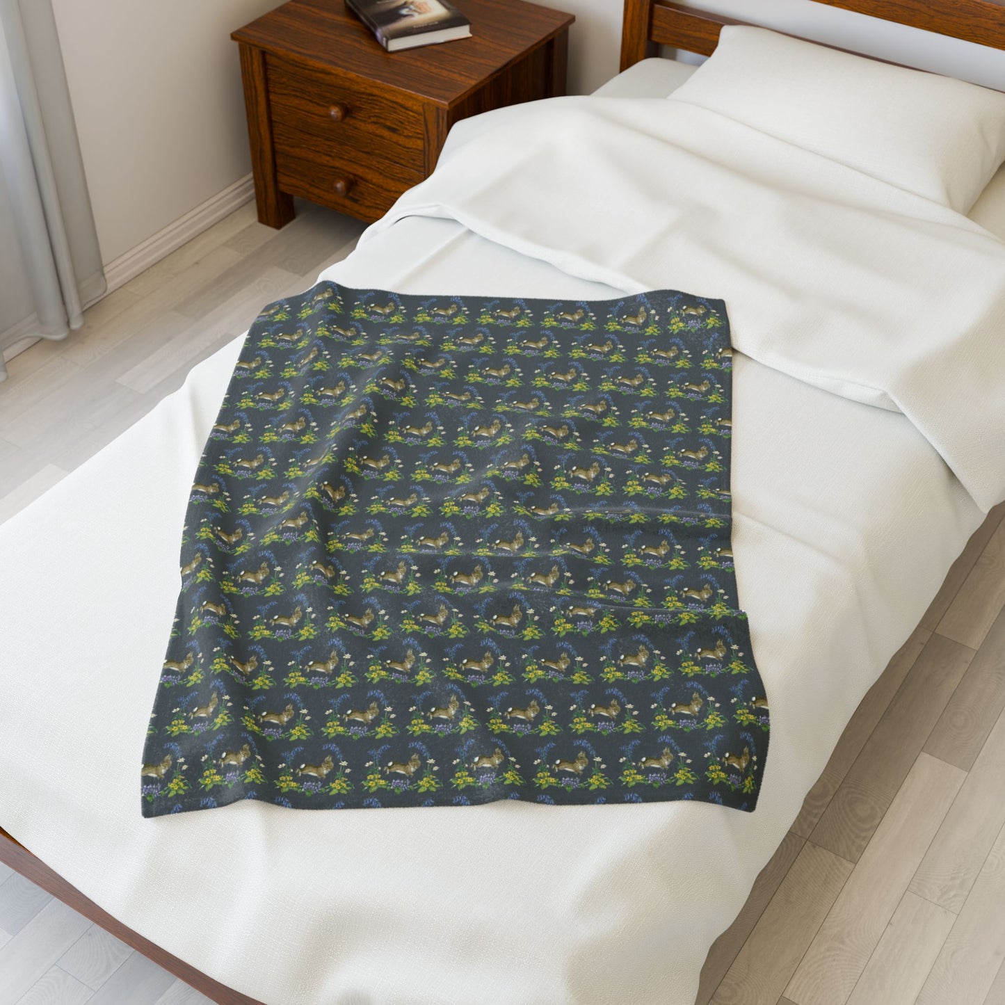 Bunnies and Bluebells Gray Plush Blanket
