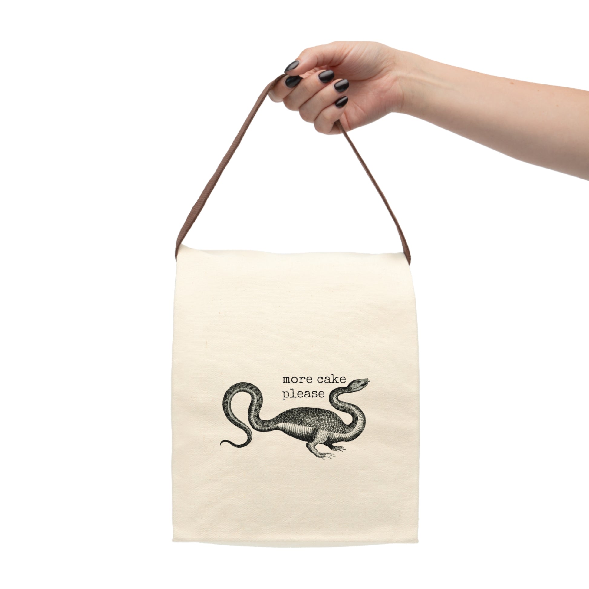cake lunch bag canvas cotton illustration carry tote cream beige Victorian illustration humor funny gift present quote word play quirky  monster snake eat food midday on-the-go office work school hungry man woman 
