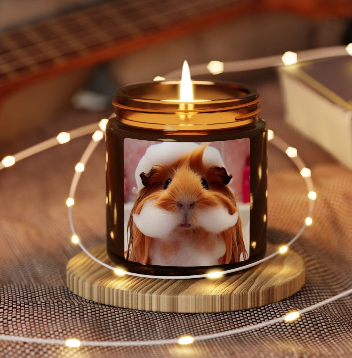 guinea pig foam beard mustache bath bubble pink ginger animal soy candle amber jar funny cute sweet humor animal lover evening night light lit atmosphere bath romantic lovers man and woman home house decor fall autumn date night gift present Christmas Halloween holiday picks festive season fragrance scented unscented couple holiday evening