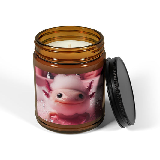 axolotl pink bathroom bath bubble beard water bathe amphibian animal soy candle amber jar funny cute sweet humor animal lover evening night light lit atmosphere bath romantic lovers man and woman home house decor fall autumn date night gift present Christmas Halloween holiday picks festive season fragrance scented unscented 