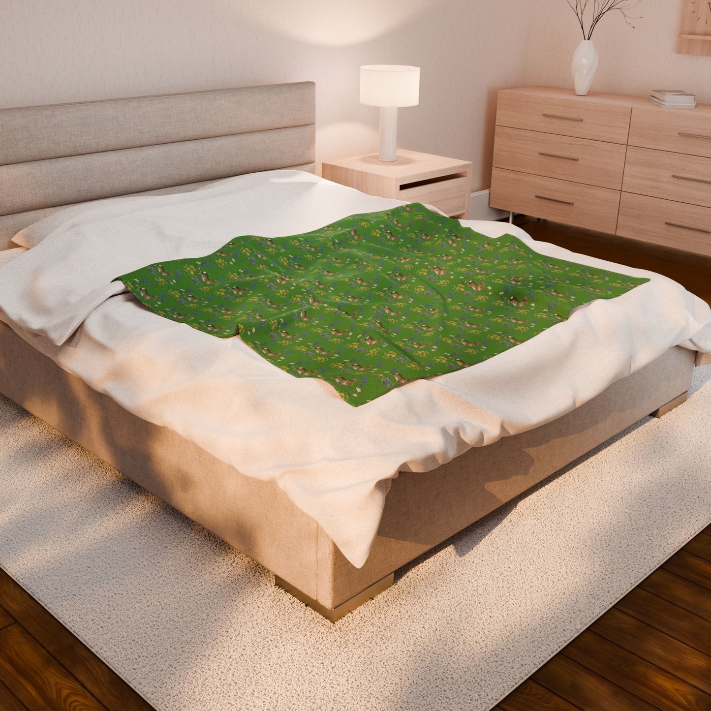 Bunnies and Bluebells Green Plush Blanket