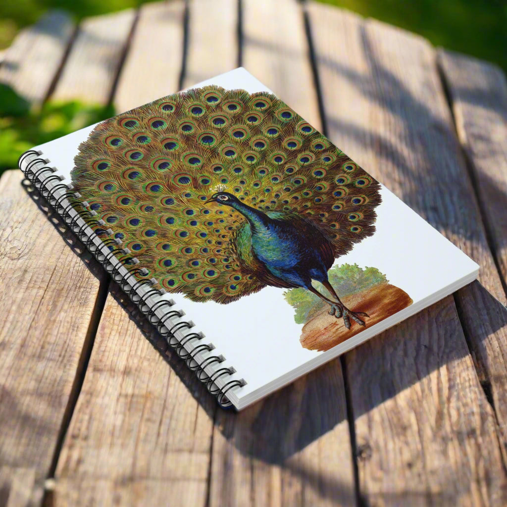 Notebook with a peacock design on a white background
