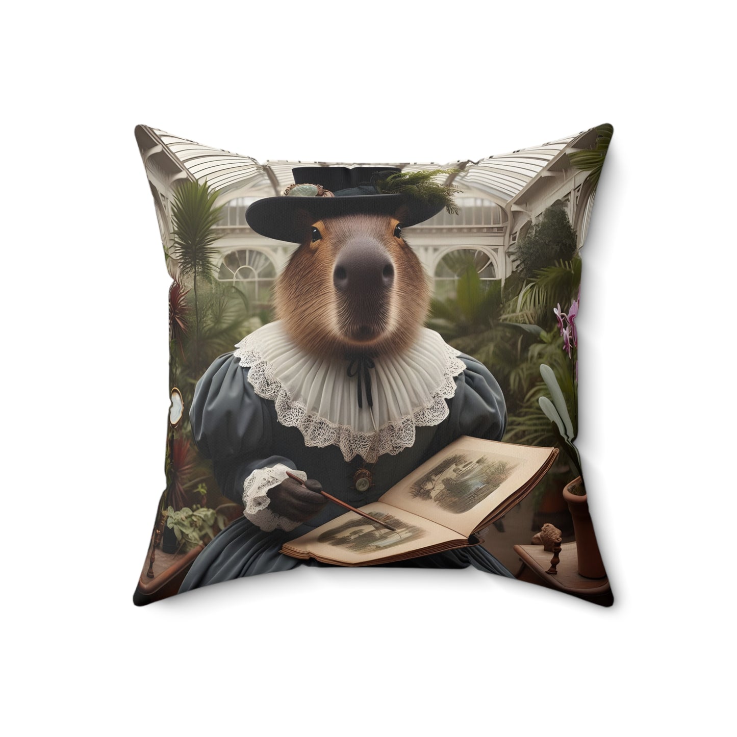 Square Pillow - capybara Victorian plant collector