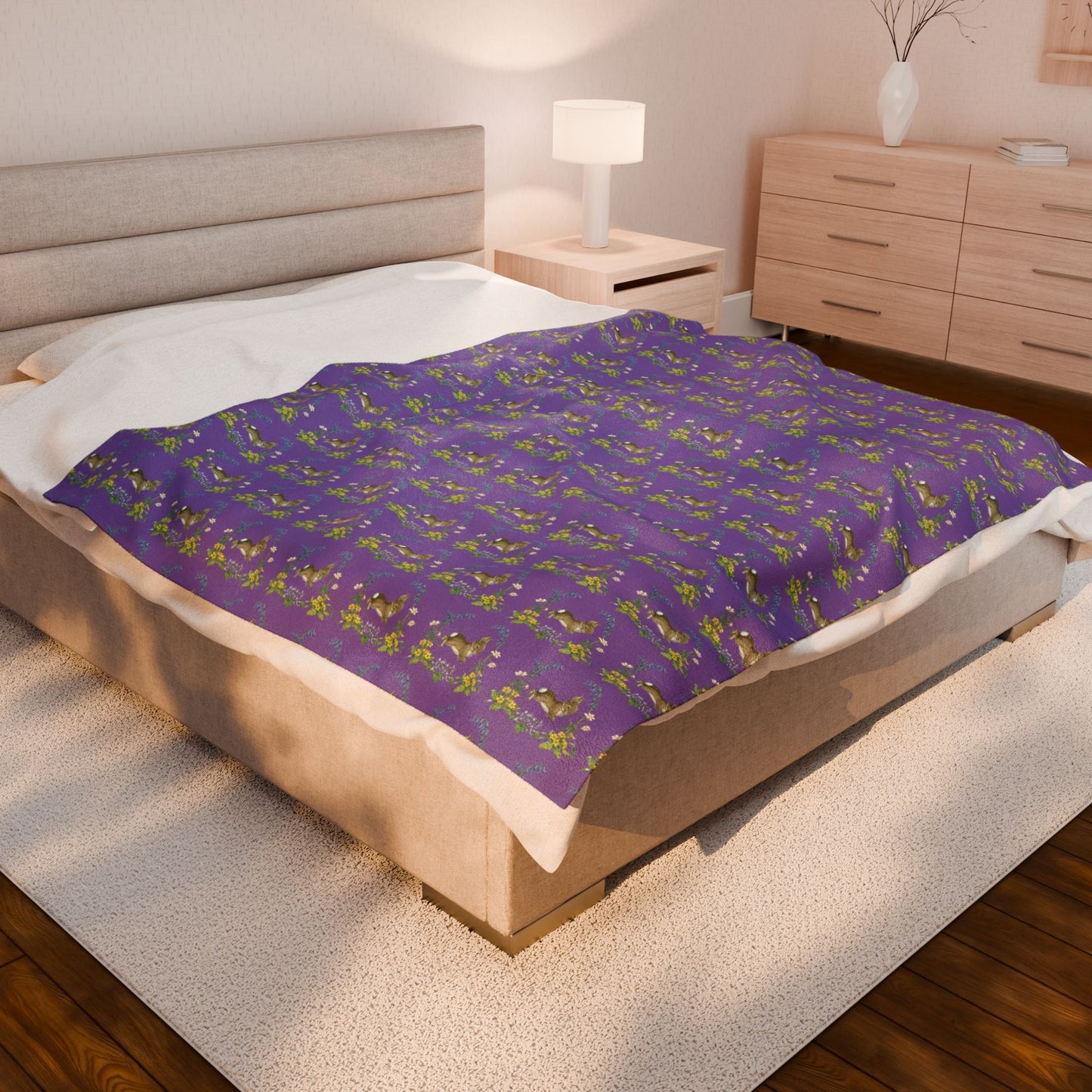 Bunnies and Bluebells Purple Plush Blanket