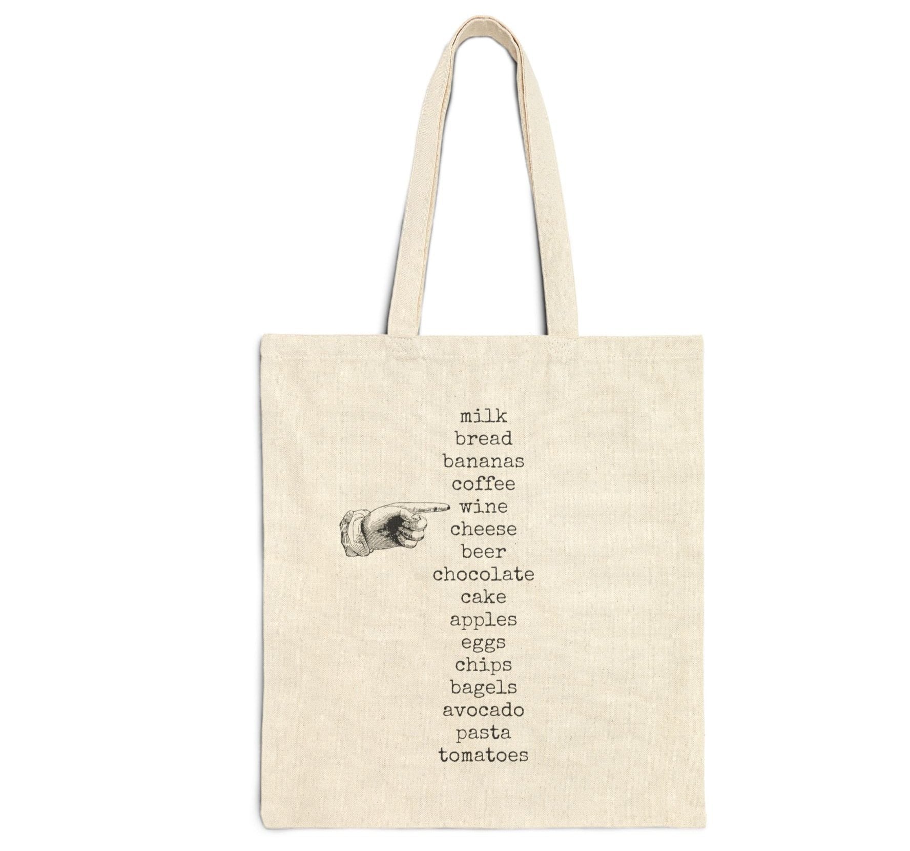 milk bread bananas coffee wine cheese beer chocolate cake apples eggs chips bagels avocado pasta tomatoes chopping list wish list hand point basics tote bag  saying word cotton canvas Victorian illustration funny humor gift present carry food groceries grocery store reusable practical purse shopping woman man strong rucksack large 