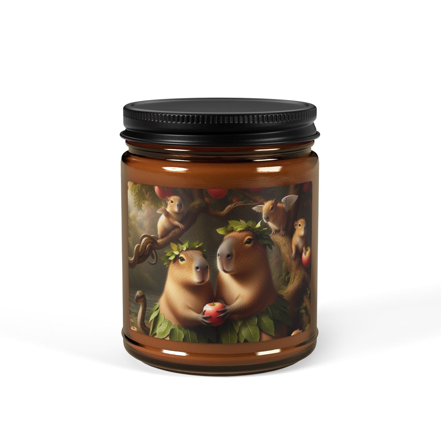 soy candle amber jar capybara adam and eve apple snake cherubs funny humor animal lover evening night light lit atmosphere bath romantic lovers man and woman home house decor fall autumn date night gift present Christmas Halloween holiday picks 