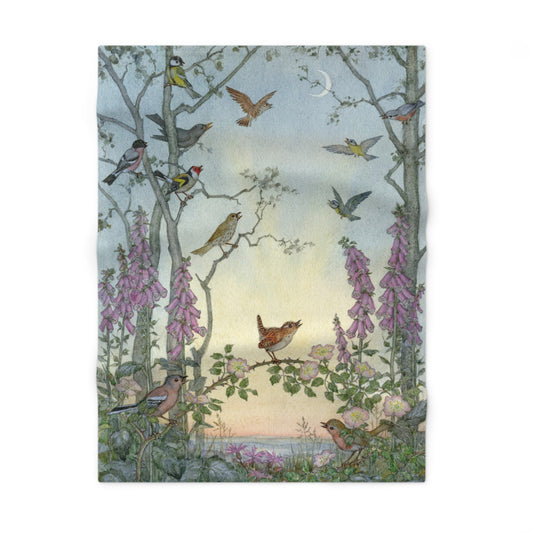 Illustration of birds perched on branches with flowers and a moonlit sky.