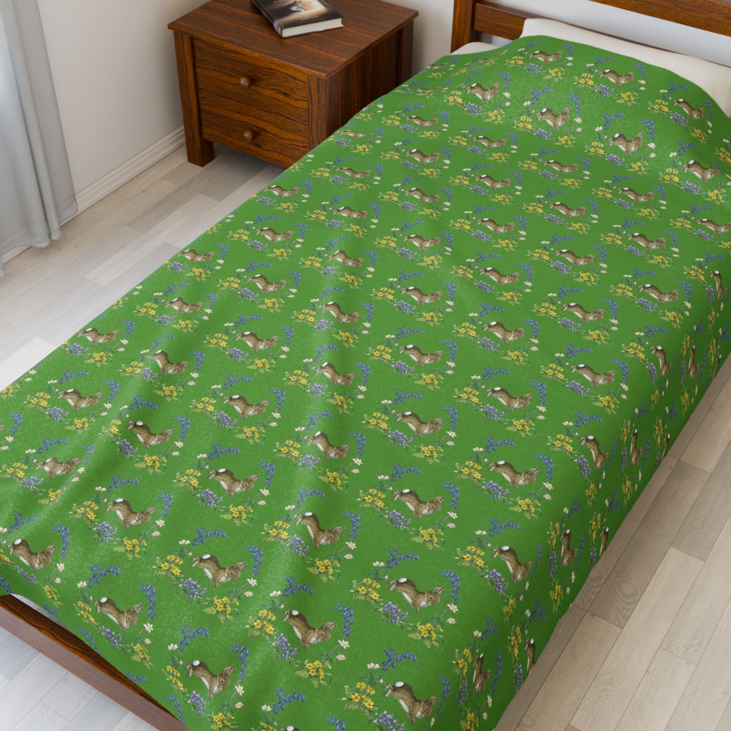 Bunnies and Bluebells Green Plush Blanket