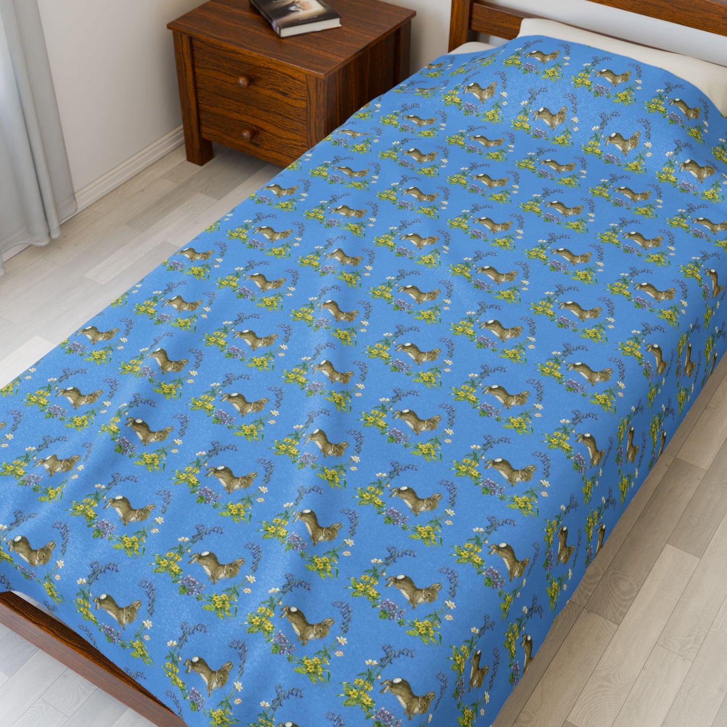 Bunnies and Bluebells Blue Plush Blanket