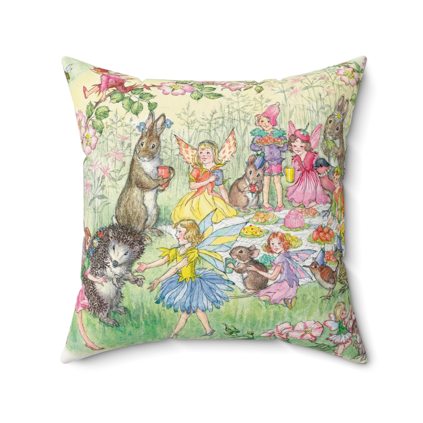 Decorative pillow with fairy and animal design on a white background
