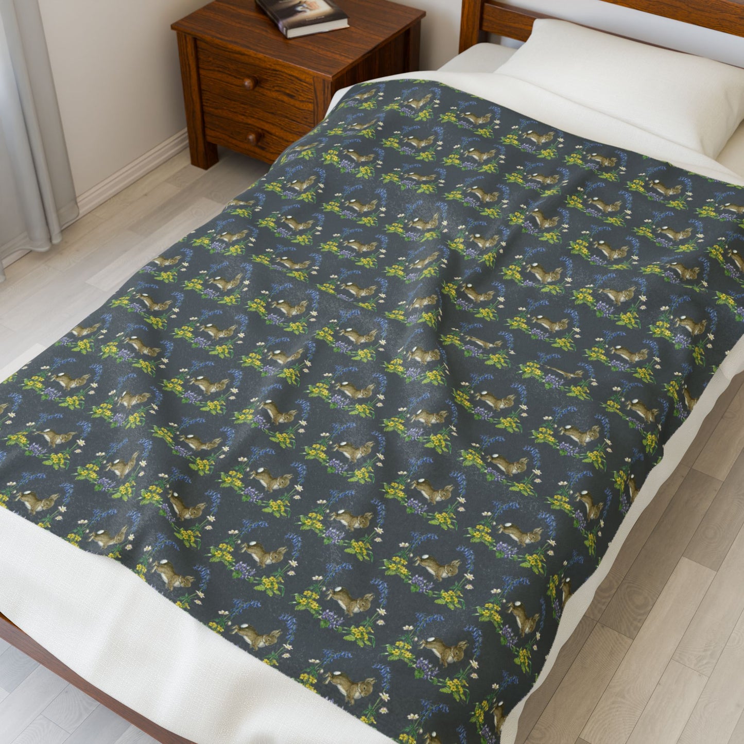 Bunnies and Bluebells Gray Plush Blanket
