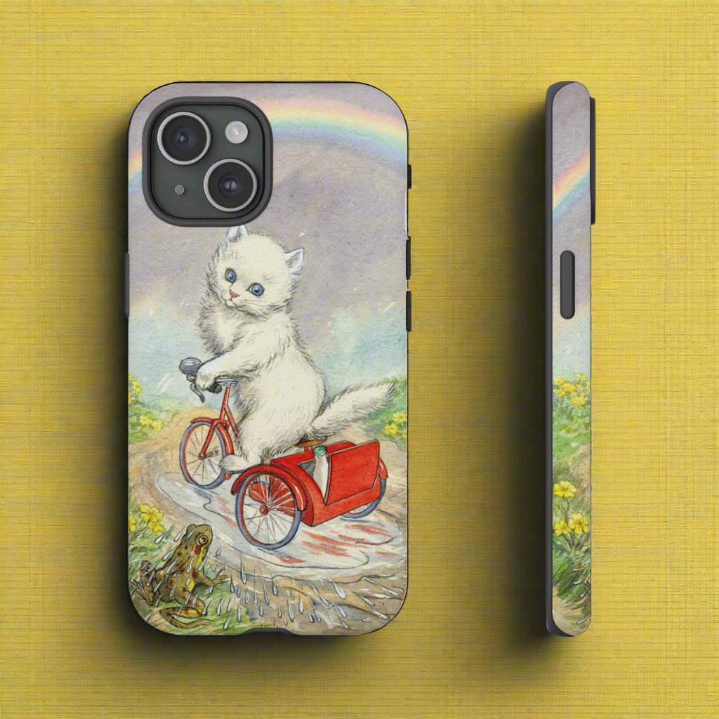 cat bicycle rain frog rainbow phone case iPhone cover Molly Brett vintage illustration animal lover kitty kitten 