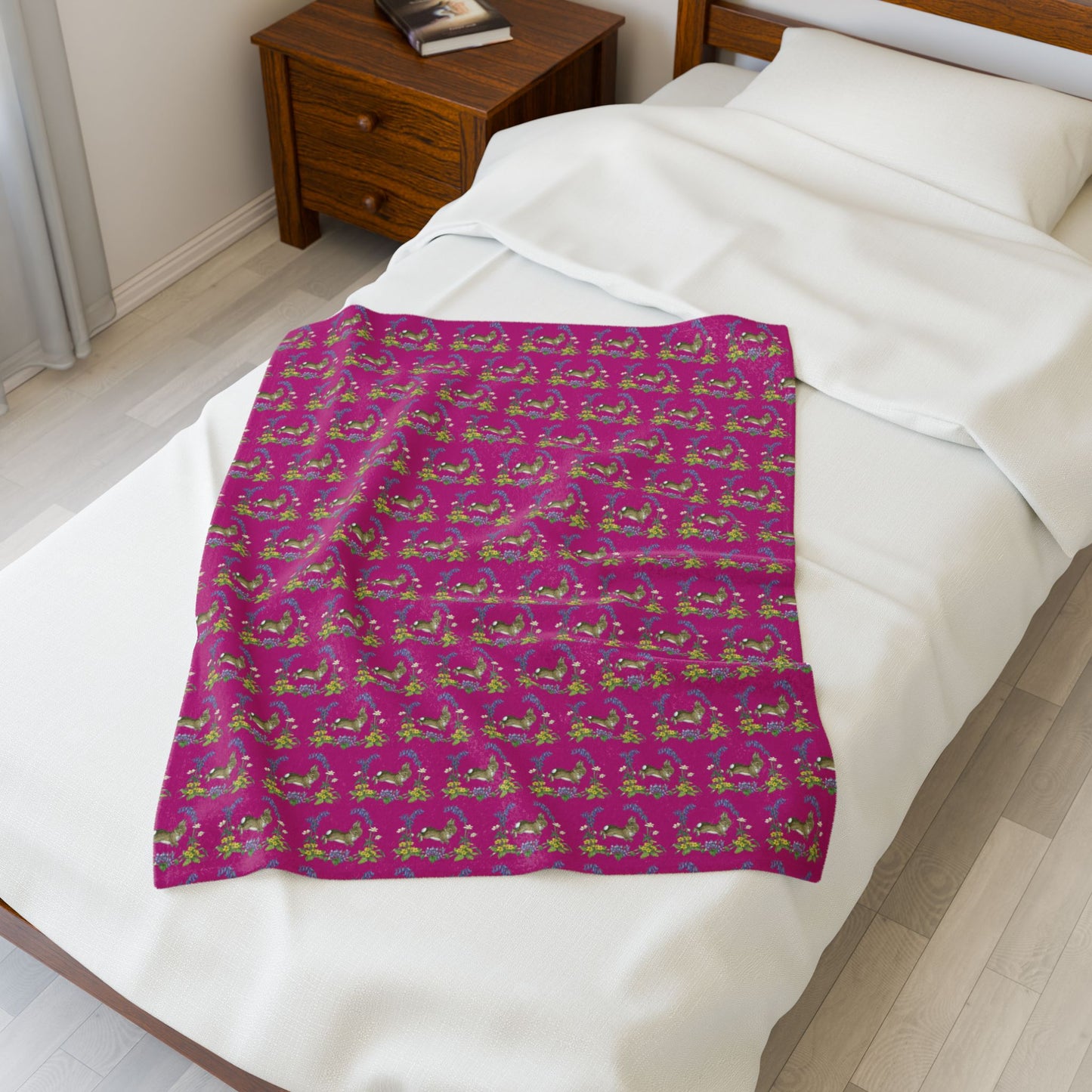Bunnies and Bluebells Pink Plush Blanket