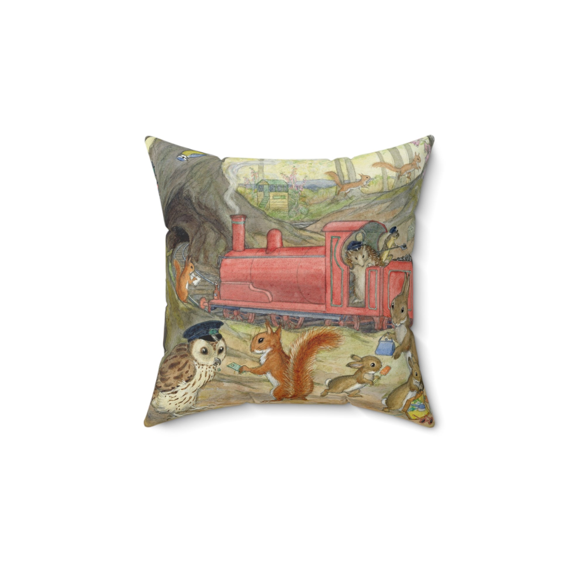 Decorative pillow with animal illustrations on a white background steam train woodland animals 