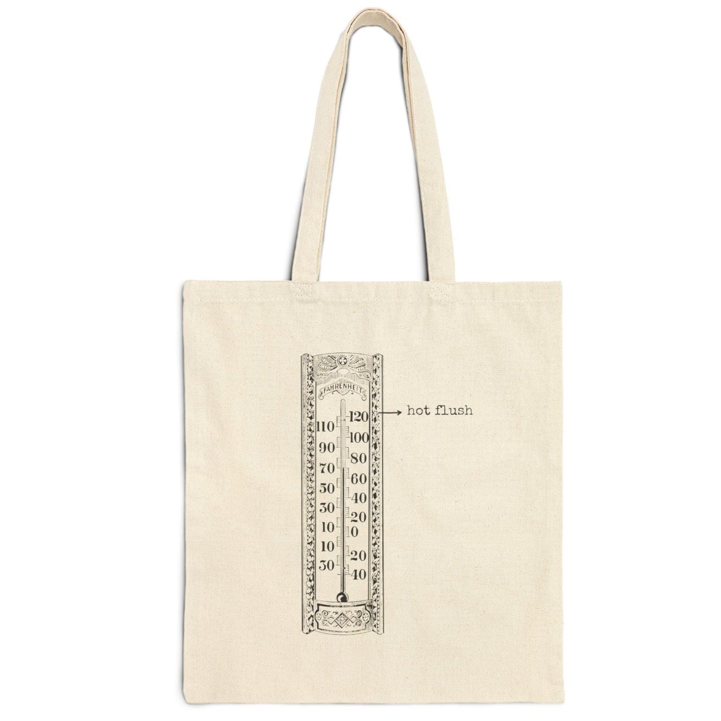 menopause lady hot flush thermometer degree heat purse handbag basics tote bag cotton canvas Victorian illustration funny humor gift present carry food groceries grocery store reusable practical purse shopping woman man strong rucksack 