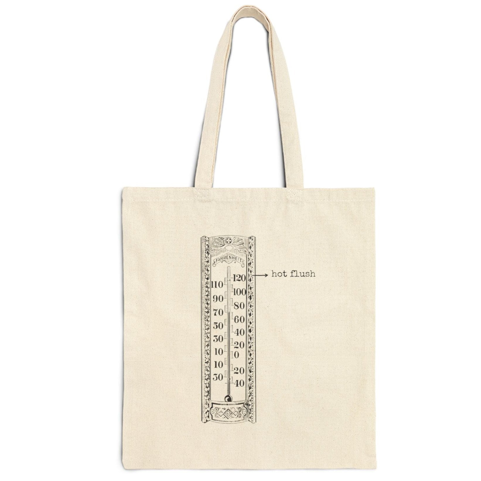 menopause lady hot flush thermometer degree heat purse handbag basics tote bag cotton canvas Victorian illustration funny humor gift present carry food groceries grocery store reusable practical purse shopping woman man strong rucksack 