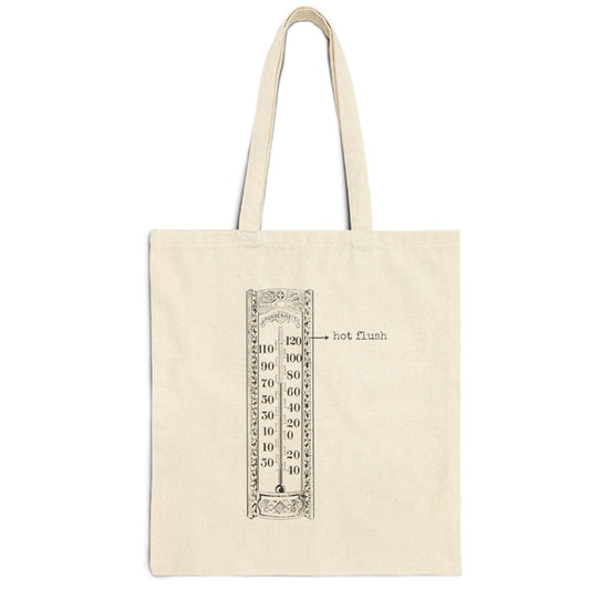 menopause lady hot flush thermometer degree heat purse handbag basics tote bag cotton canvas Victorian illustration funny humor gift present carry food groceries grocery store reusable practical purse shopping woman man strong rucksack 