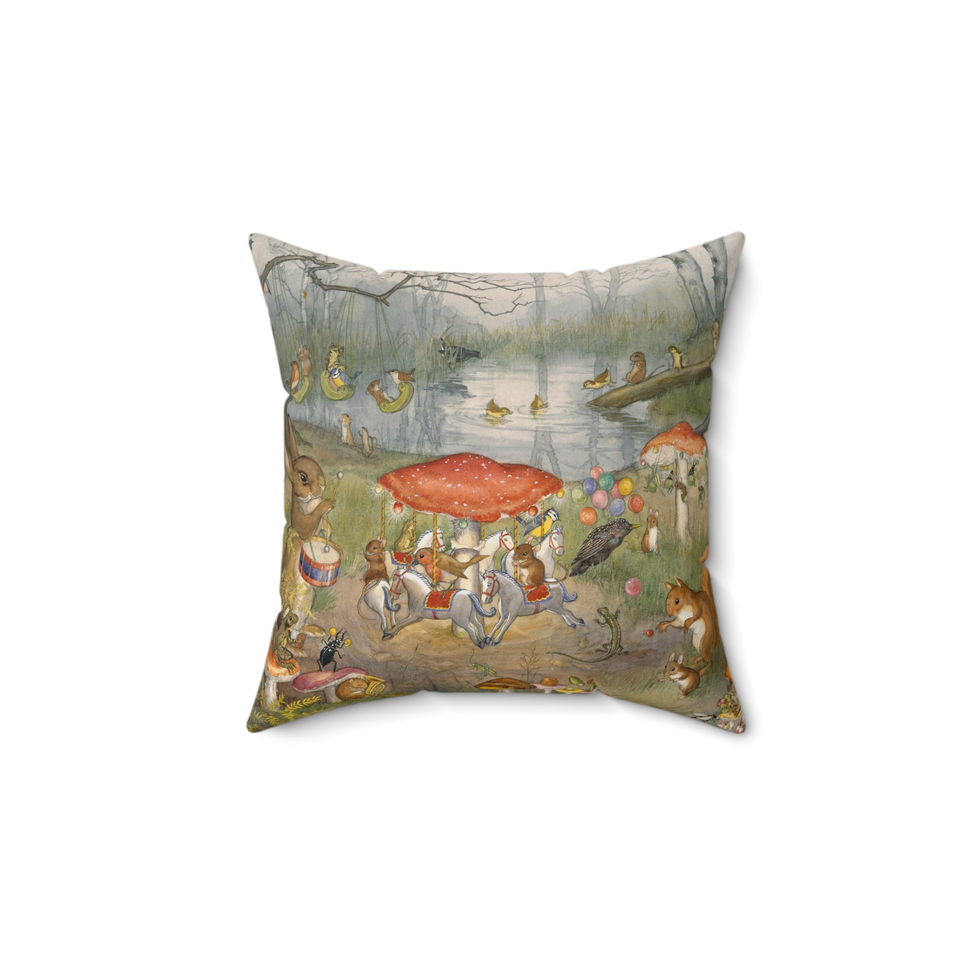 Decorative pillow with a whimsical scene of animals around a pond on a white background