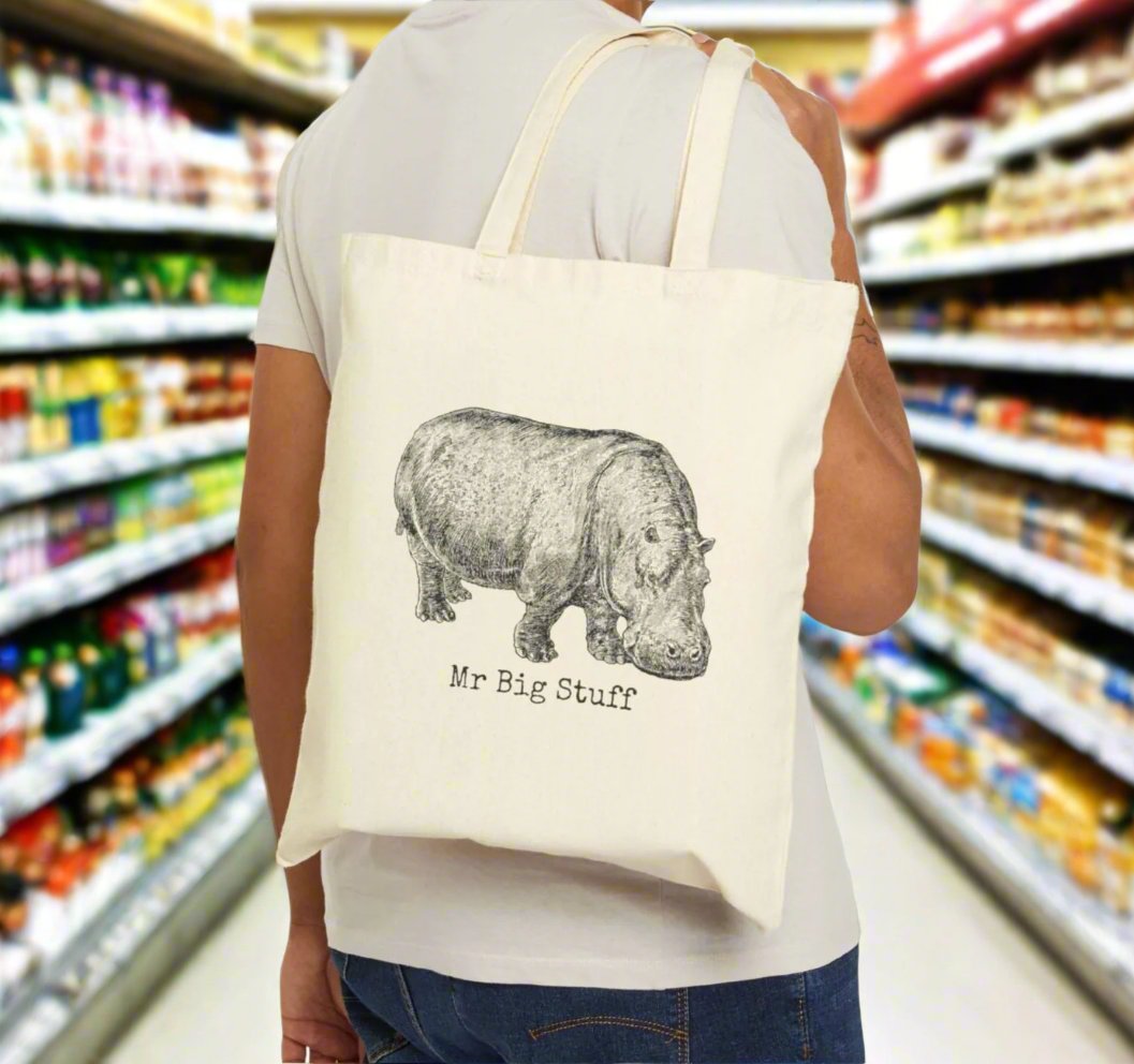 Mr big stuff song hippo hippopotamus animal African   basics tote bag  saying word cotton canvas Victorian illustration funny humor gift present carry food groceries grocery store reusable practical purse shopping woman man strong rucksack large 