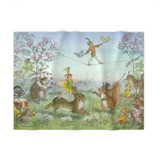 Illustrated scene with fairies and animals on a floral background