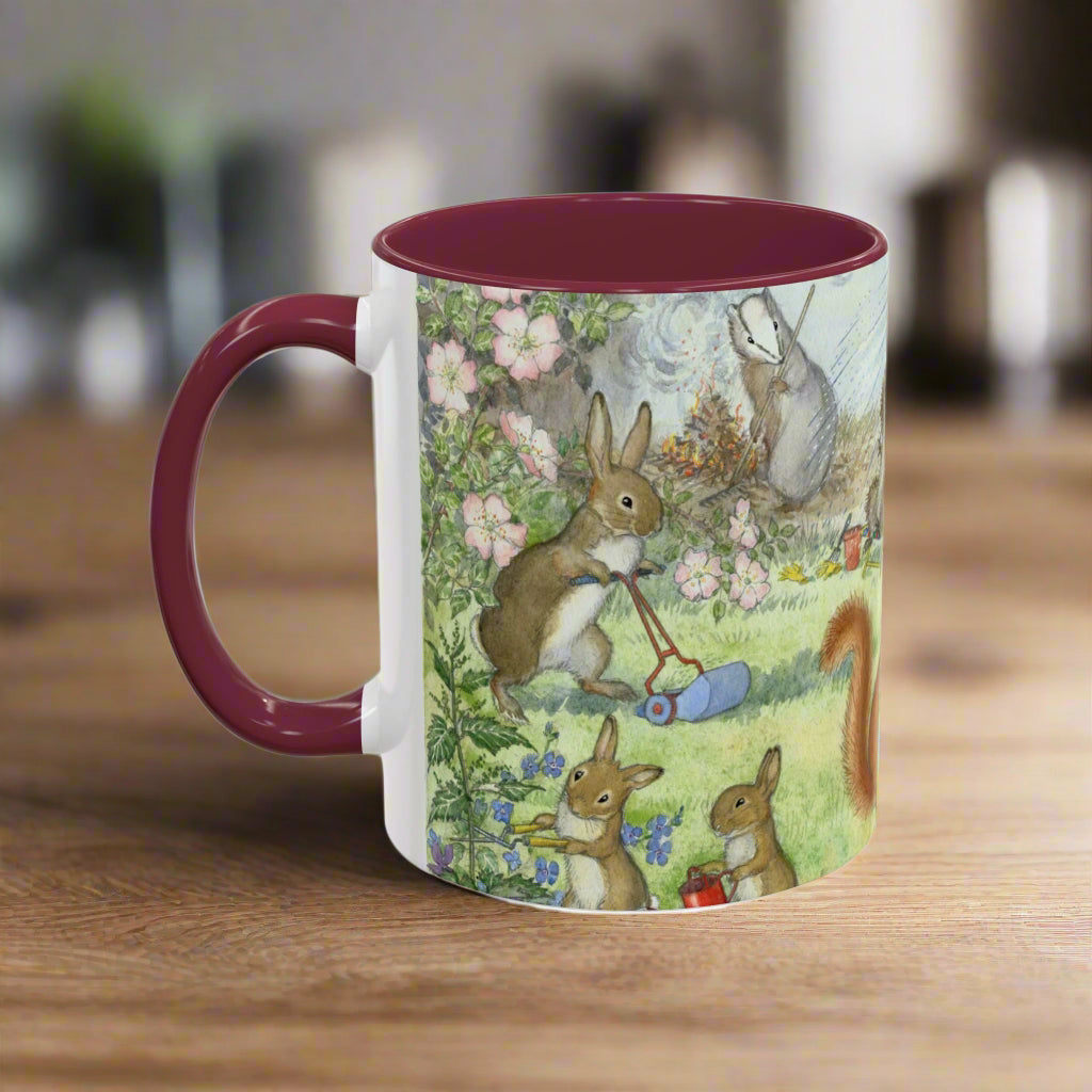 Mug with rabbit illustration and woodland animals on a white background maroon interior and handle 