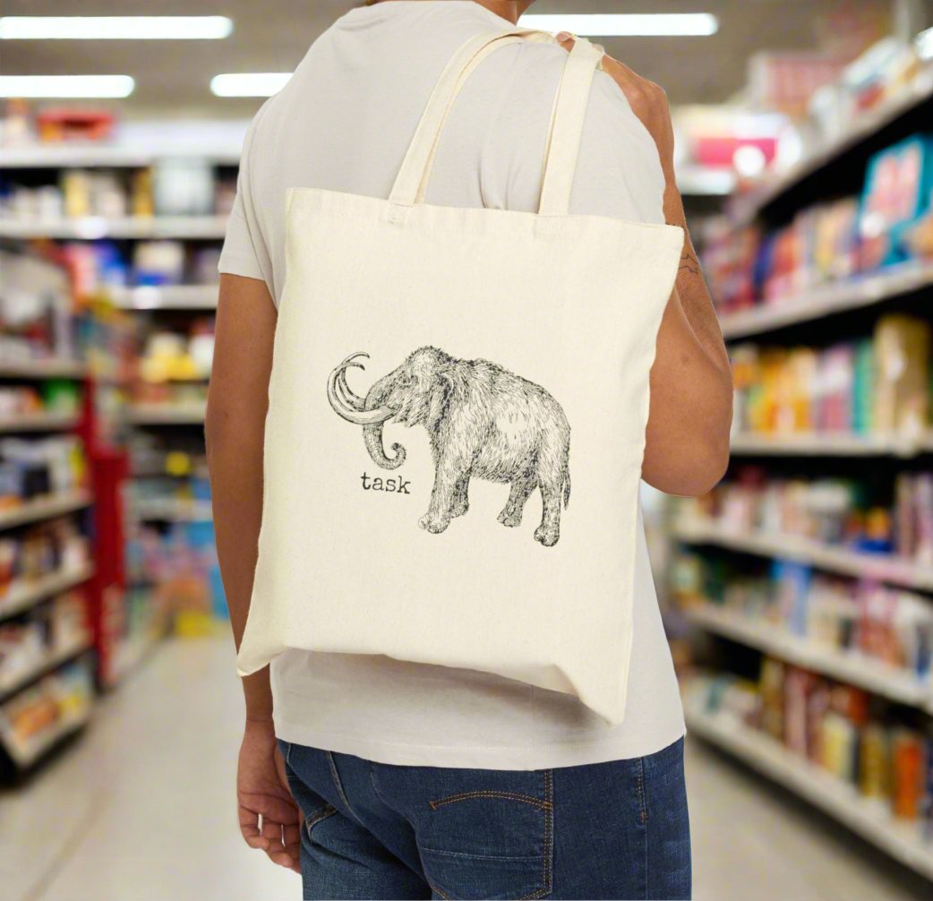 mammoth task dinosaur extinct tusk elephant purse handbag basics tote bag rude saying word cotton canvas Victorian illustration funny humor gift present carry food groceries grocery store reusable practical purse shopping woman man strong rucksack 