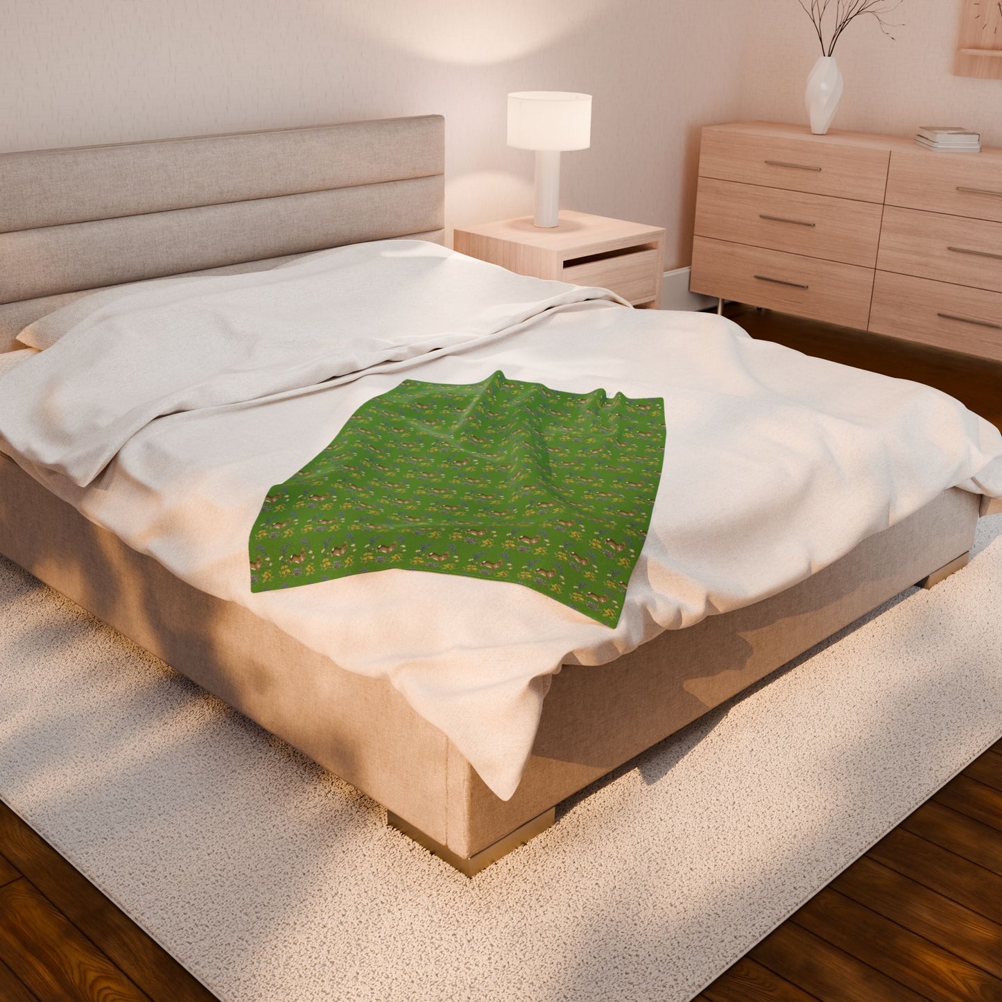 Bunnies and Bluebells Green Plush Blanket