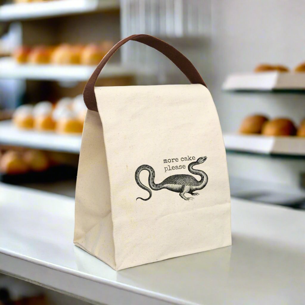 cake lunch bag canvas cotton illustration carry tote cream beige Victorian illustration humor funny gift present quote word play quirky  monster snake eat food midday on-the-go office work school hungry man woman 