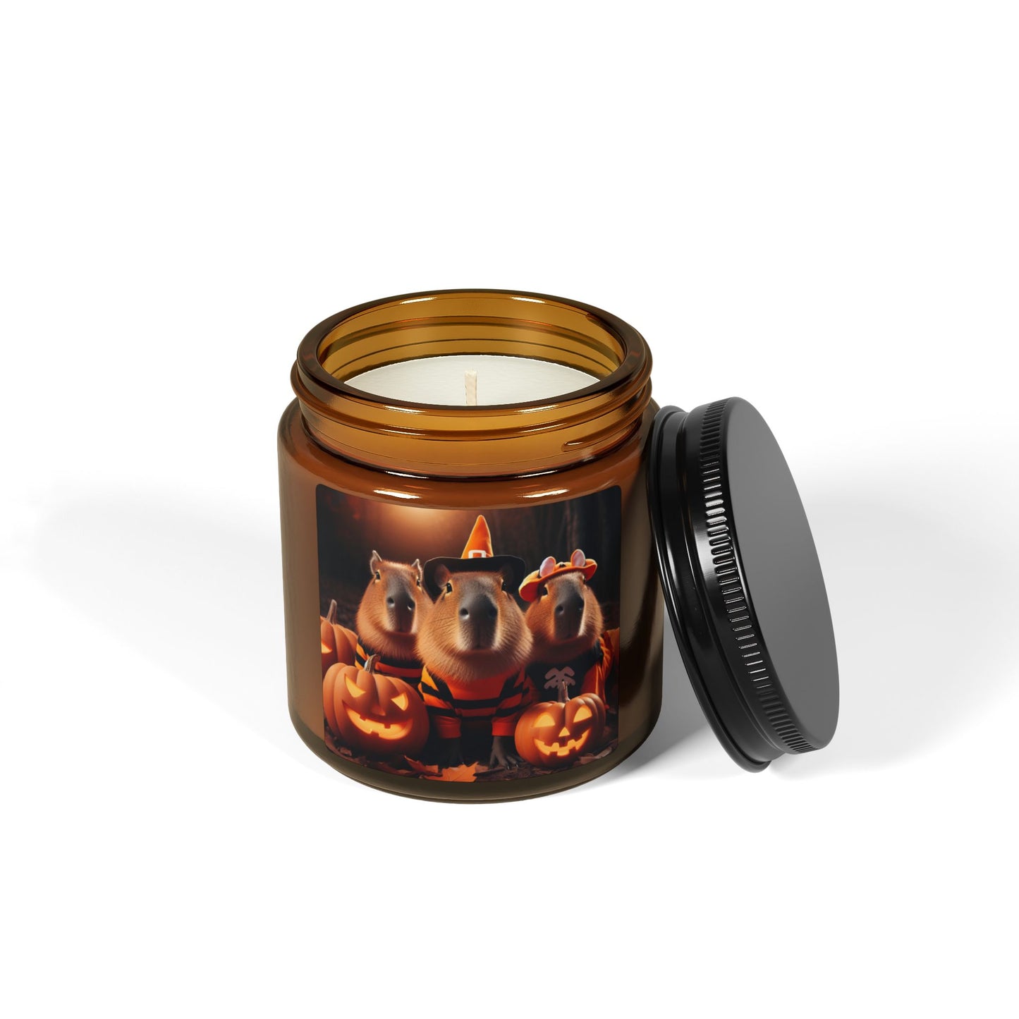 Scented Soy Candle in an Amber Jar, Halloween Fall Wizard Capybara with Pumpkins