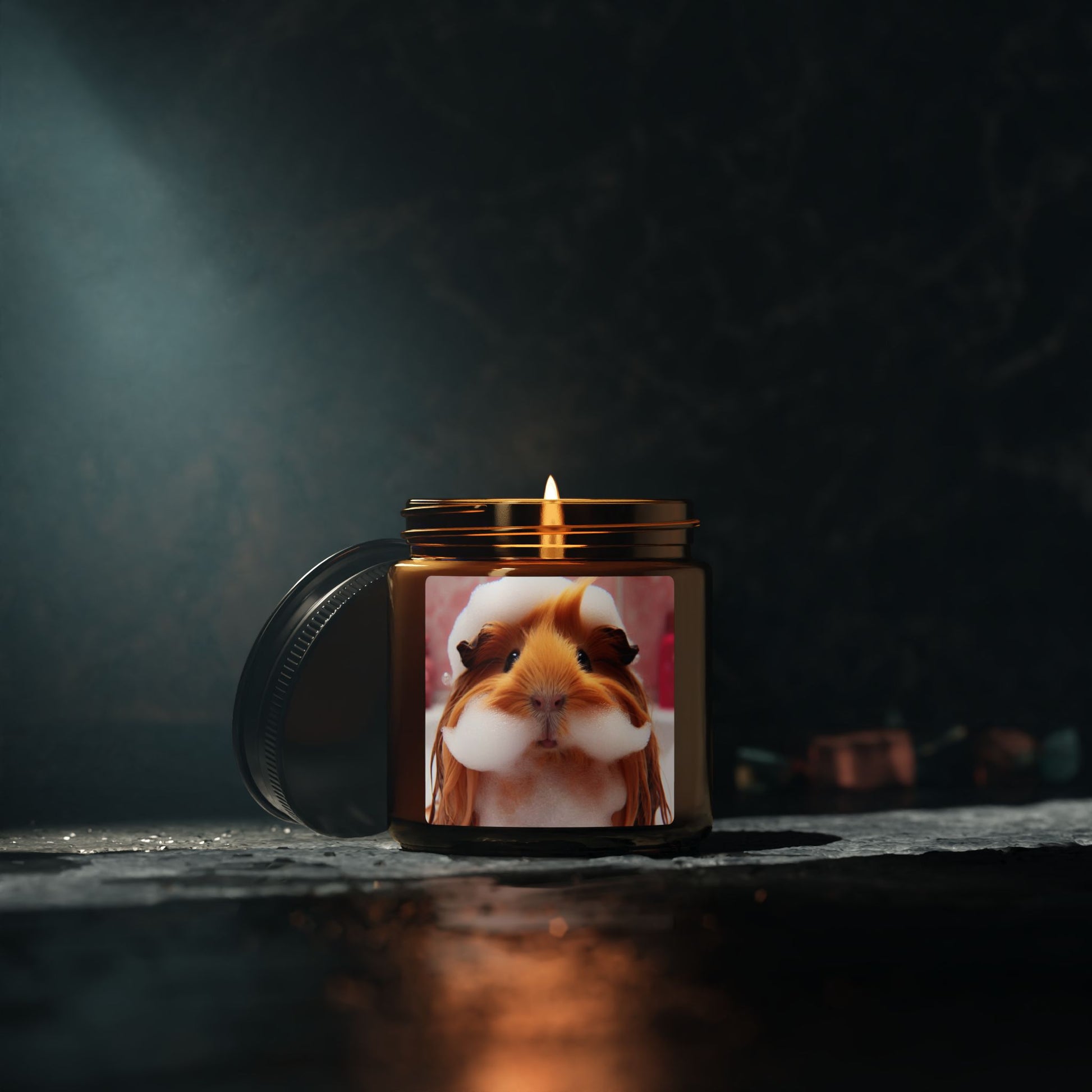guinea pig foam beard mustache bath bubble pink ginger animal soy candle amber jar funny cute sweet humor animal lover evening night light lit atmosphere bath romantic lovers man and woman home house decor fall autumn date night gift present Christmas Halloween holiday picks festive season fragrance scented unscented couple holiday evening