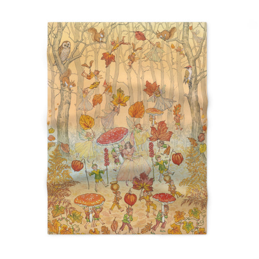Illustration of a forest scene with fairies, mushrooms, and autumn leaves on a white background.