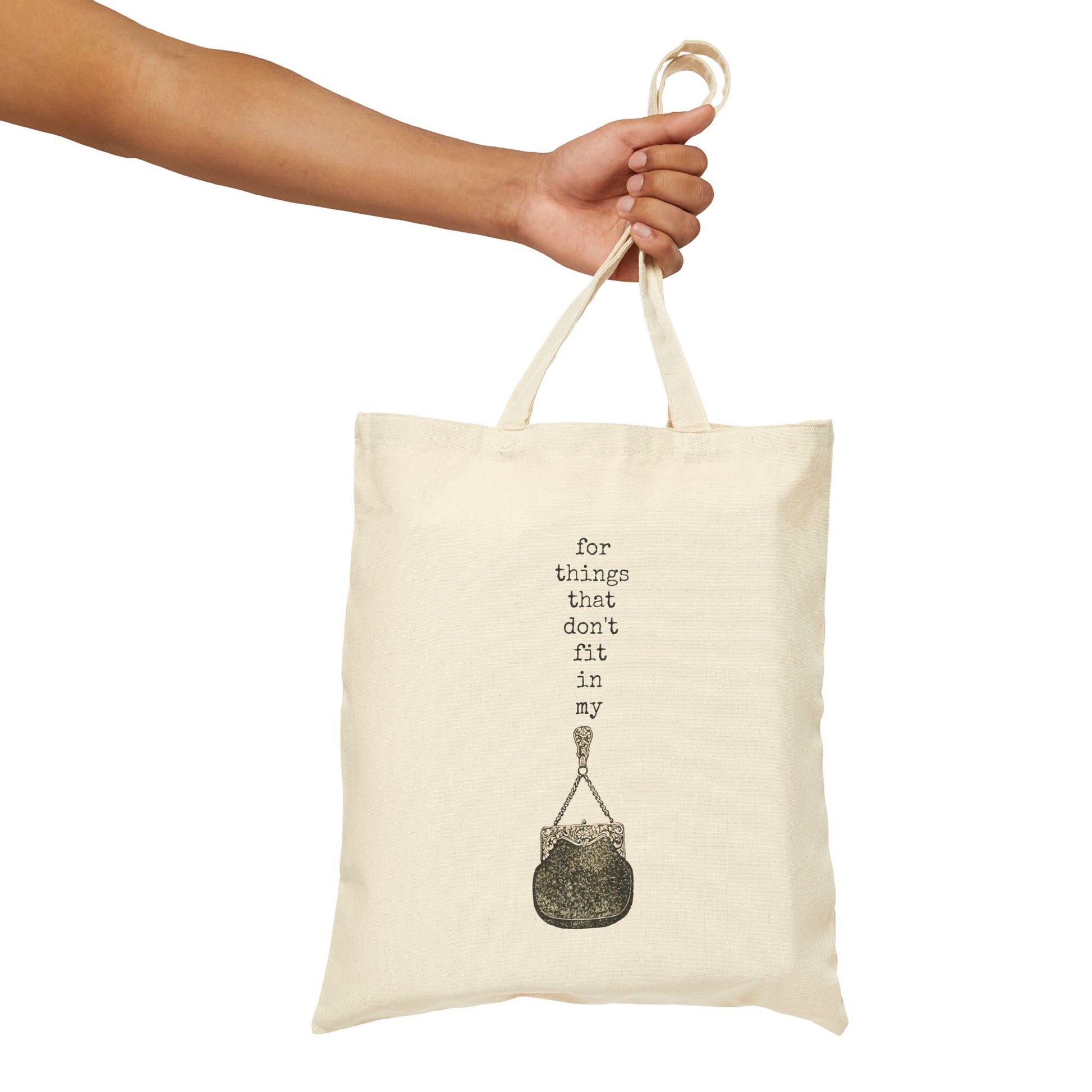 for things that don't fit in my purse handbag basics tote bag cotton canvas Victorian illustration funny humor gift present carry food groceries grocery store reusable practical purse shopping woman man strong rucksack 