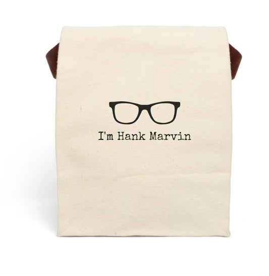 I'm Hank Marvin glasses The Shadows cockney rhyming slang British anglophile Victorian illustration quote word play funny humor joke gift present lunch bag canvas cotton reusable eco-friendly meal eat food dinner breakfast hungry kitchen cook work school cafeteria midday co-worker carry out take-away on-the-go sandwich drink sub 