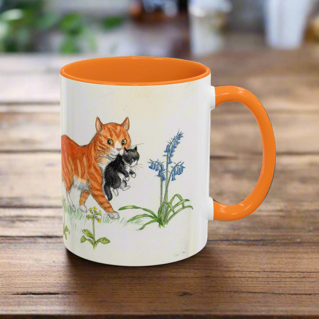 orange Mug with a cat and kittens  illustration on a white background from an old children's story book
