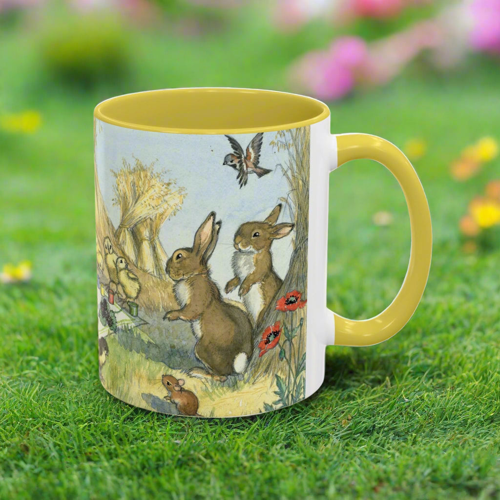 Mug with rabbit chicken and chicks illustration yellow easter mug 