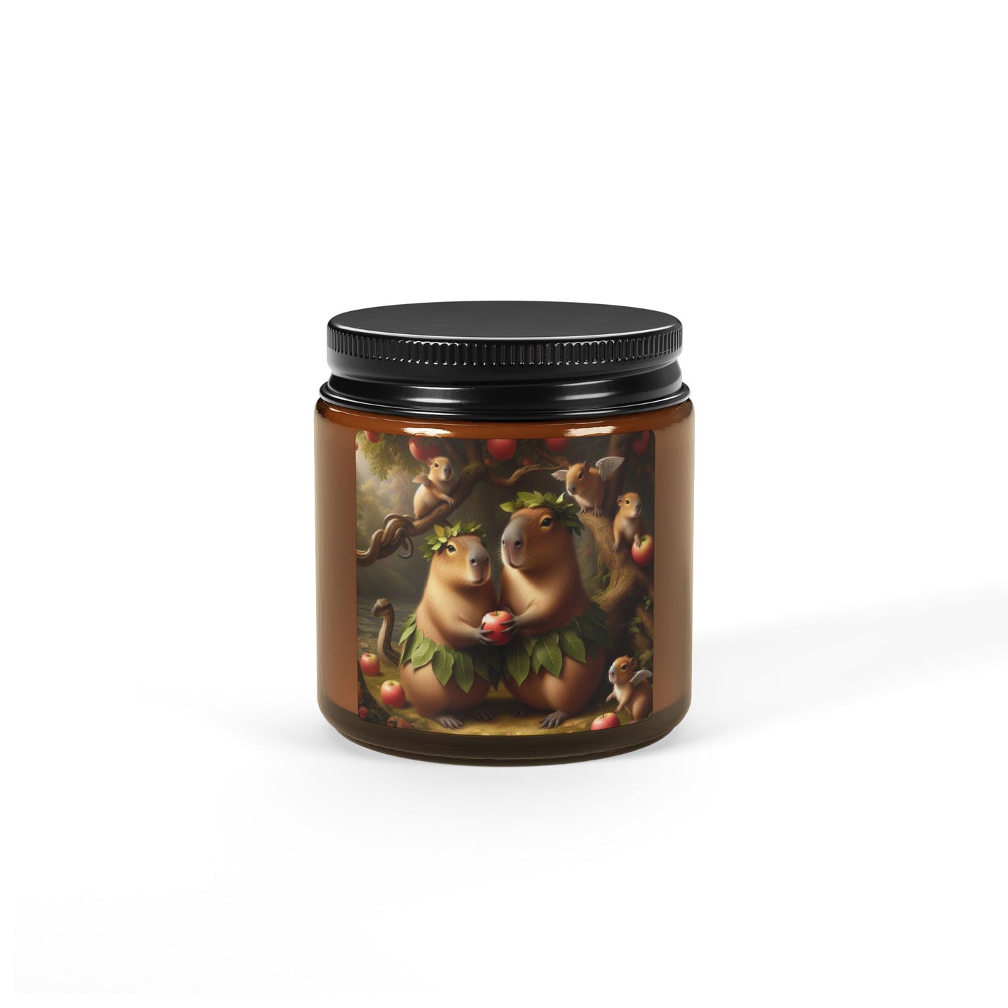 soy candle amber jar capybara adam and eve apple snake cherubs funny humor animal lover evening night light lit atmosphere bath romantic lovers man and woman home house decor fall autumn date night gift present Christmas Halloween holiday picks 