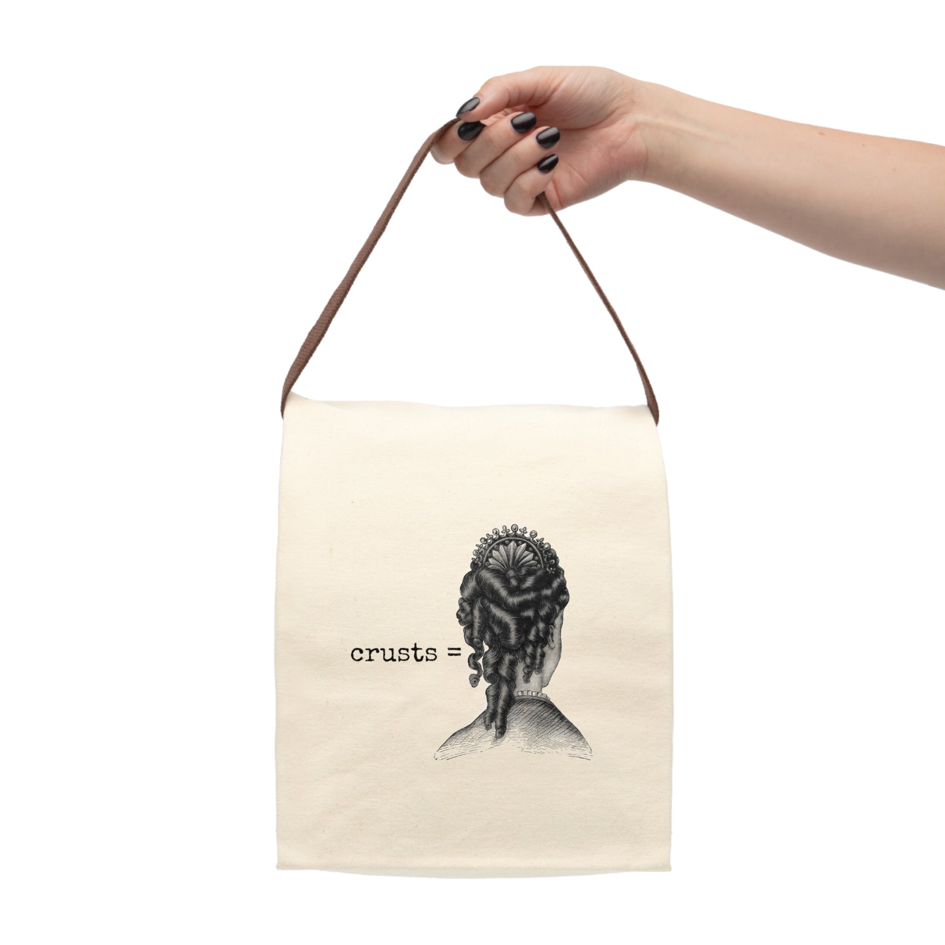 crusts  bread loaf curly hair Victorian illustration quote word play funny humor joke gift present lunch bag canvas cotton reusable eco-friendly meal eat food dinner breakfast hungry kitchen cook work school cafeteria midday co-worker carry out take-away on-the-go sandwich drink sub 