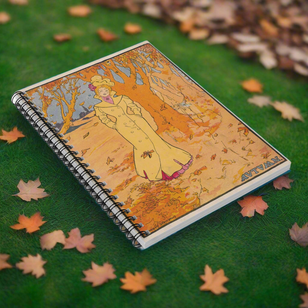 Notebook with artistic cover featuring a woman in a yellow dress on an orange background
