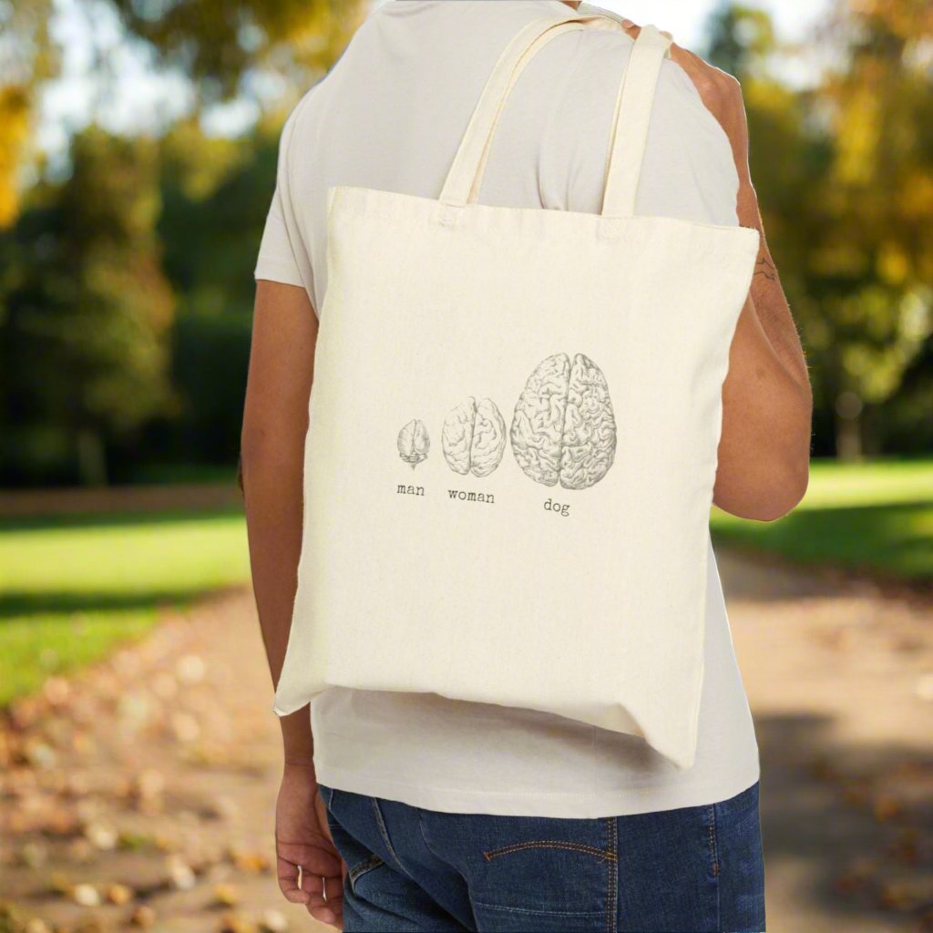 man woman dog doggie bulldog retriever Labrador husky shepherd brain pet owner fur baby basics tote bag rude saying word cotton canvas Victorian illustration funny humor gift present carry food groceries grocery store reusable practical purse shopping woman man strong rucksack 