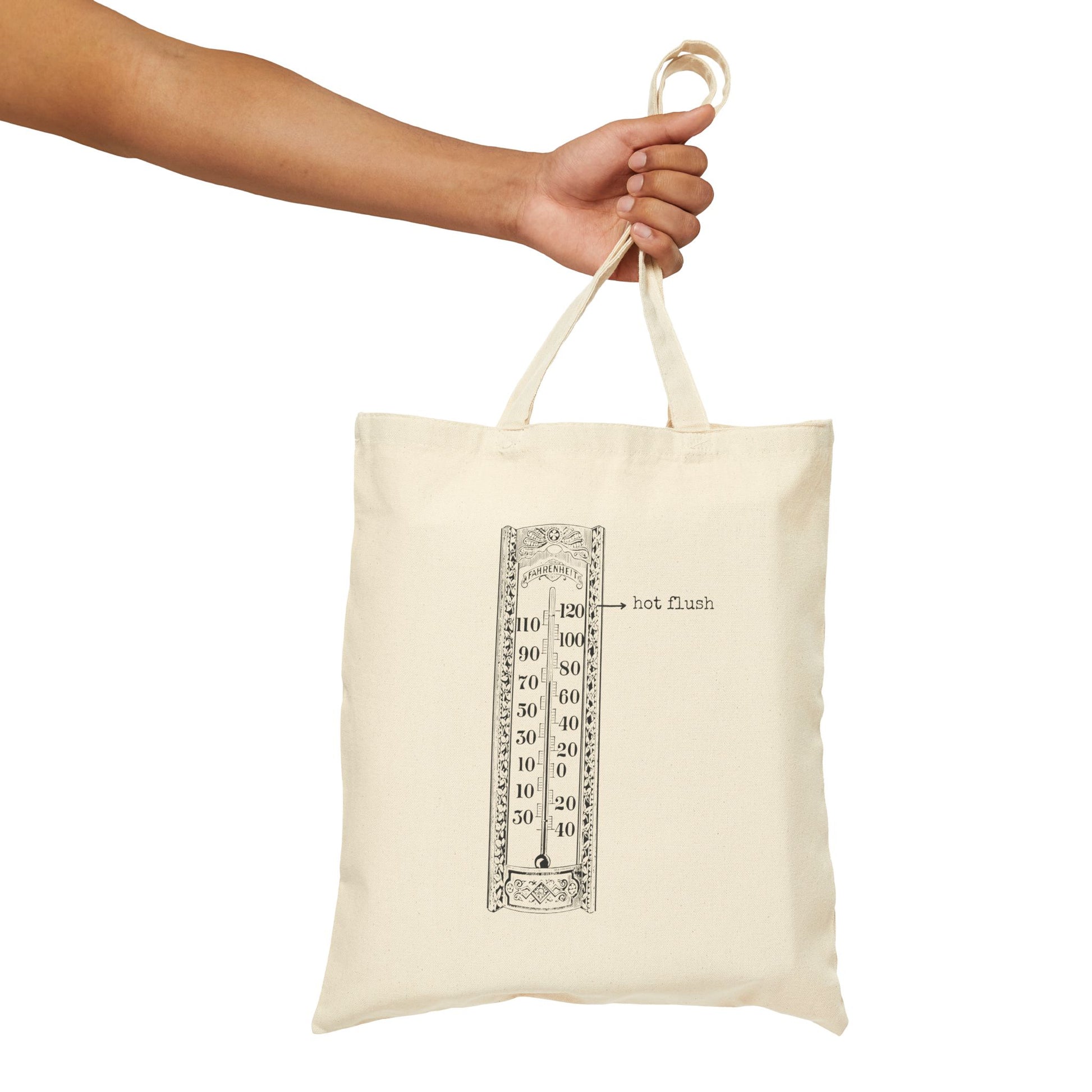 menopause lady hot flush thermometer degree heat purse handbag basics tote bag cotton canvas Victorian illustration funny humor gift present carry food groceries grocery store reusable practical purse shopping woman man strong rucksack 
