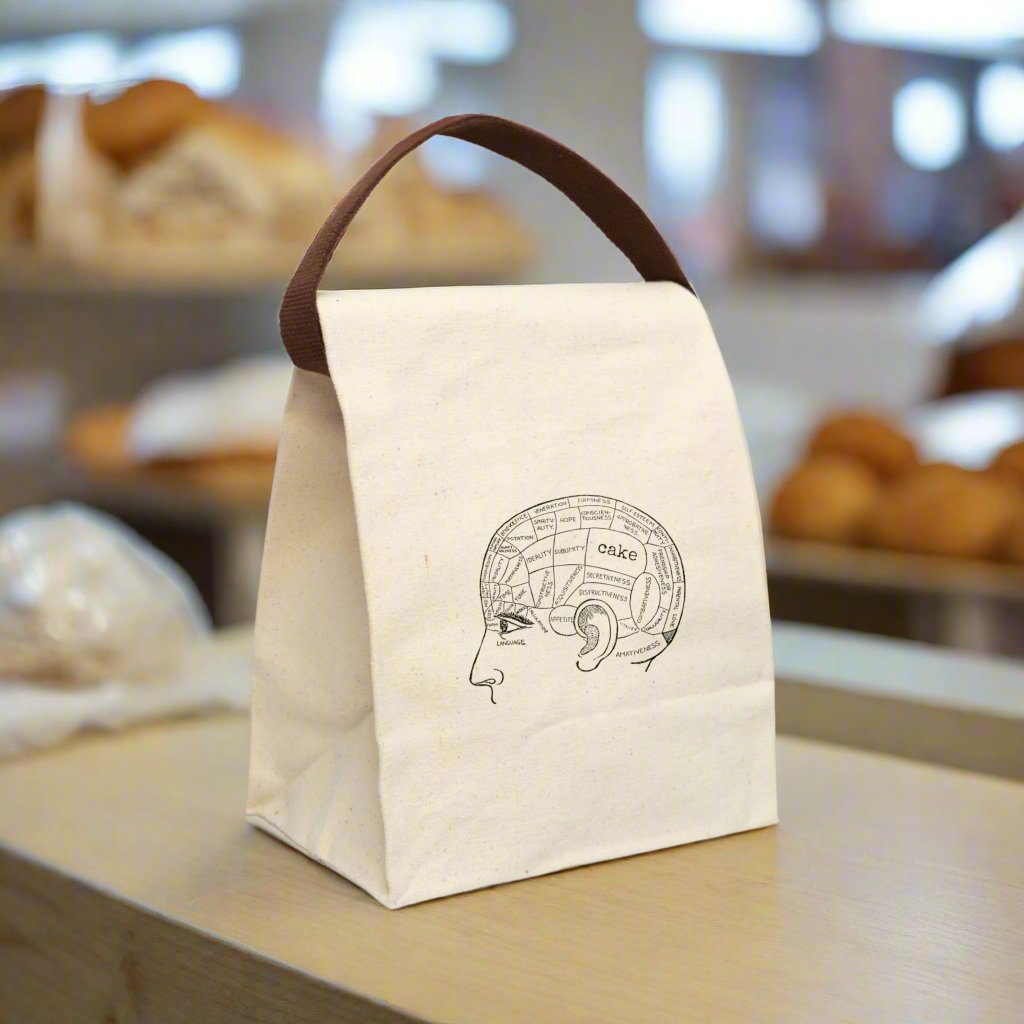 cake brain  Victorian illustration quote word play funny humor joke gift present lunch bag canvas cotton reusable eco-friendly meal eat food dinner breakfast hungry kitchen cook work school cafeteria midday co-worker carry out take-away on-the-go sandwich drink sub 
