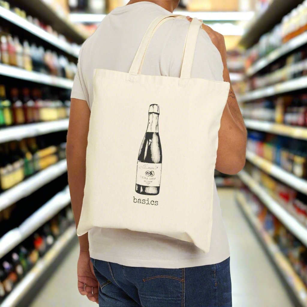 liquor bottle drink wine champagne alcohol basics tote bag cotton canvas Victorian illustration funny humor gift present carry food groceries grocery store reusable practical purse shopping woman man strong rucksack 