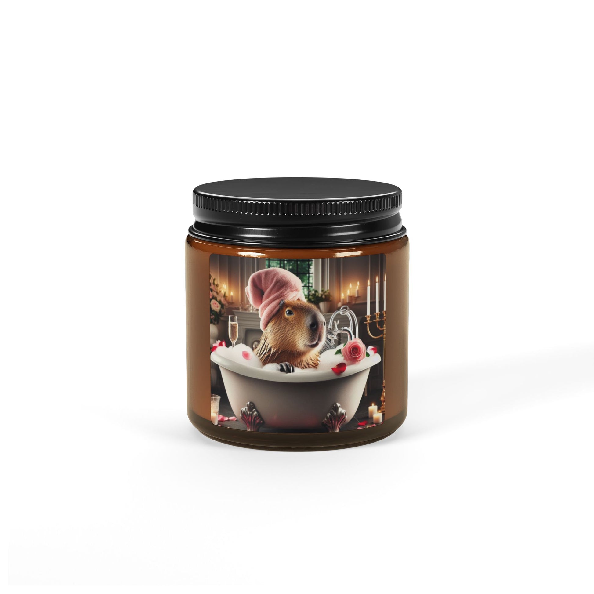  pink bathroom bath bubble capybara champagne towel candlelight rose petals water bathe  animal soy candle amber jar funny cute sweet humor animal lover evening night light lit atmosphere bath romantic lovers man and woman home house decor fall autumn date night gift present Christmas Halloween holiday picks festive season fragrance scented unscented