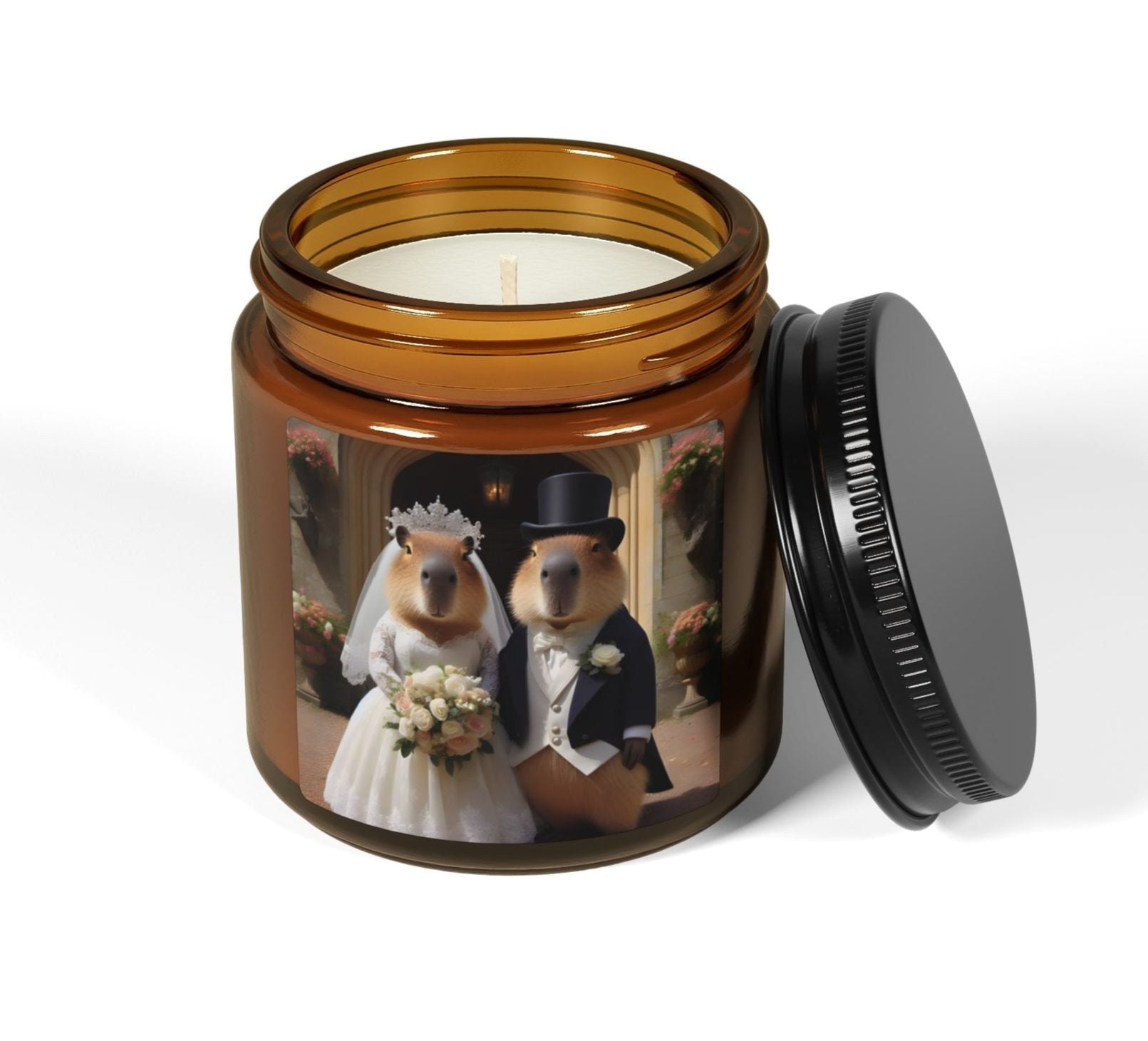 capybara couple married marriage top hat and tails white dress church ceremony bouquet flowers romantic wedding table animal soy candle amber jar funny cute sweet humor animal lover evening night light lit atmosphere bath romantic lovers man and woman home house decor fall autumn date night gift present Christmas Halloween holiday picks festive season fragrance scented unscented couple holiday evening