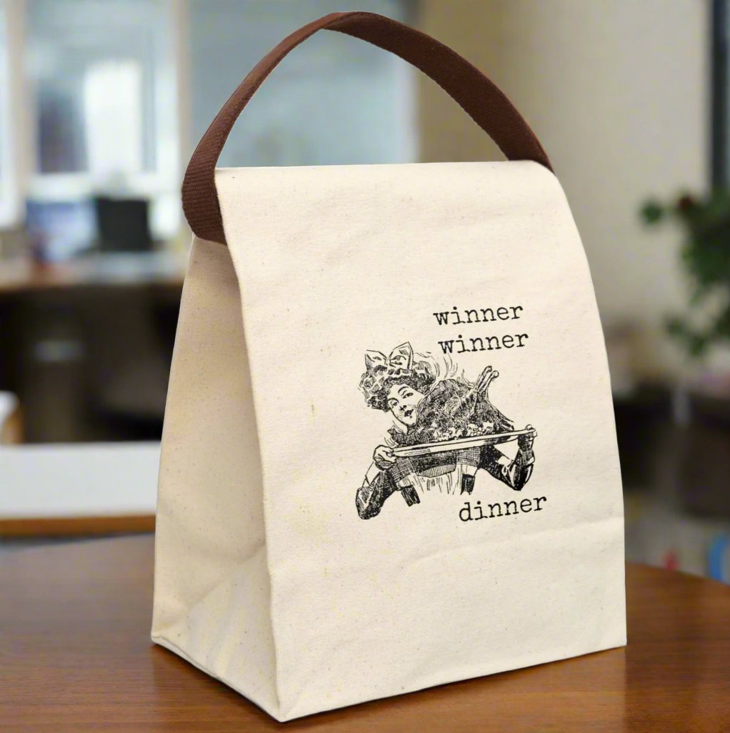 winner chicken dinner lady woman Victorian illustration quote word play funny humor joke gift present lunch bay canvas cotton reusable eco-friendly meal eat dinner breakfast hungry kitchen cook work school cafeteria midday co-worker carry out take-away on-the-go 