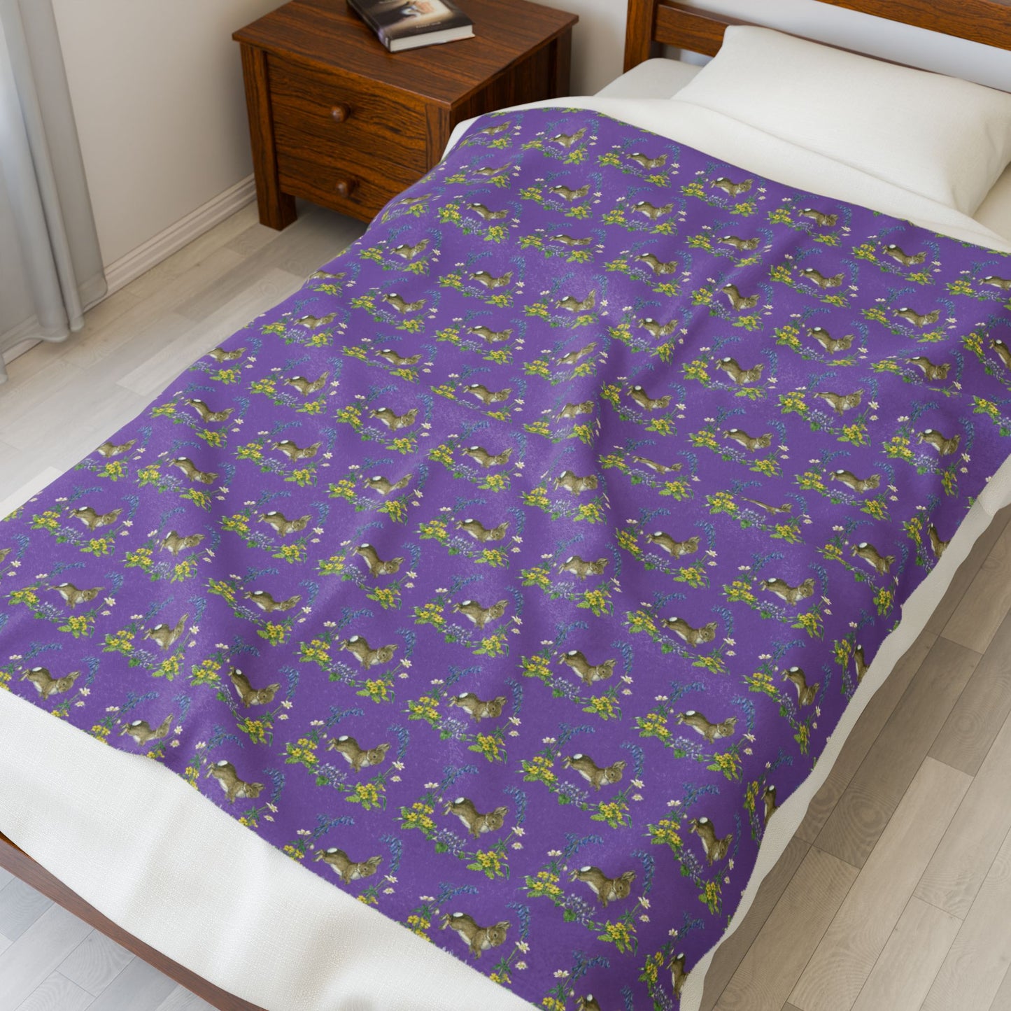 Bunnies and Bluebells Purple Plush Blanket